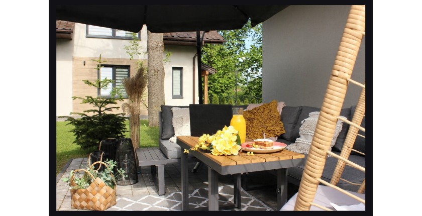 Salon de jardin d'angle LAVENTO 4 places en aluminium gris avec canapé et table basse relevable