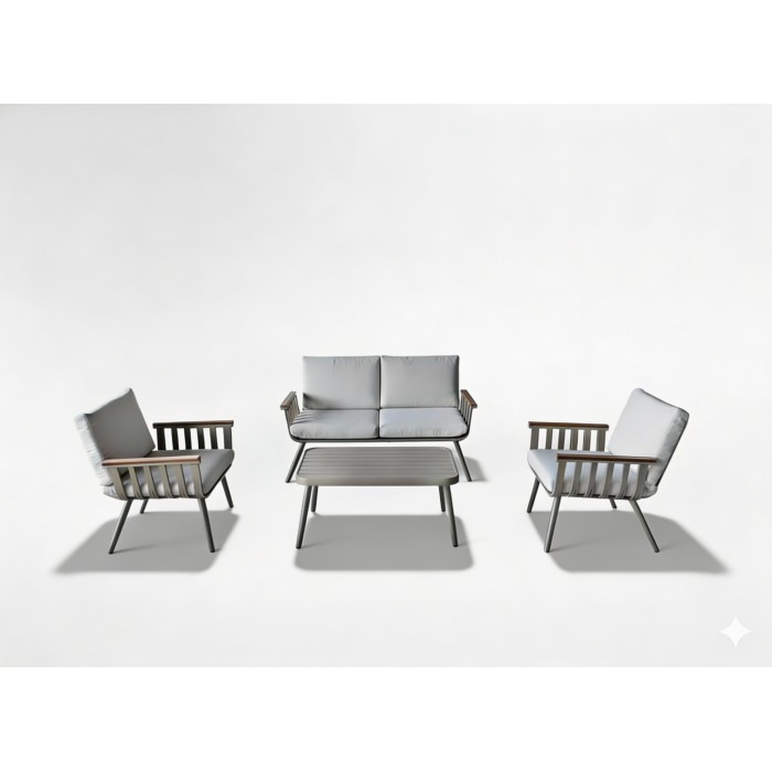 Salon de jardin LUMERA 4 places en aluminium avec canapé 2 places, fauteuils et table basse beige