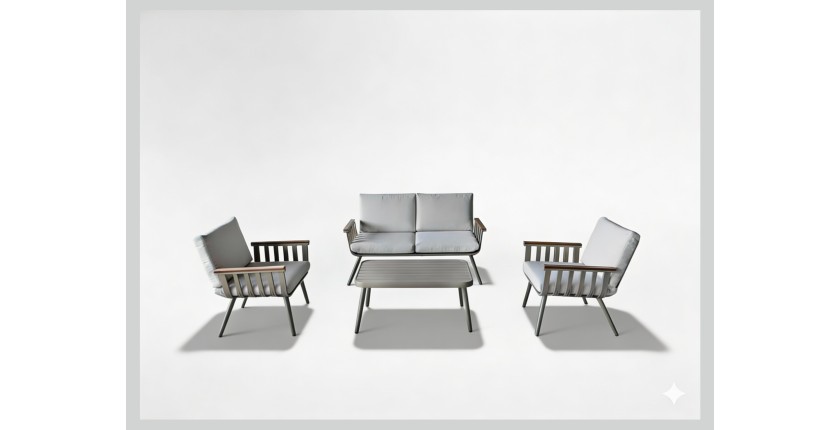 Salon de jardin LUMERA 4 places en aluminium avec canapé 2 places, fauteuils et table basse beige