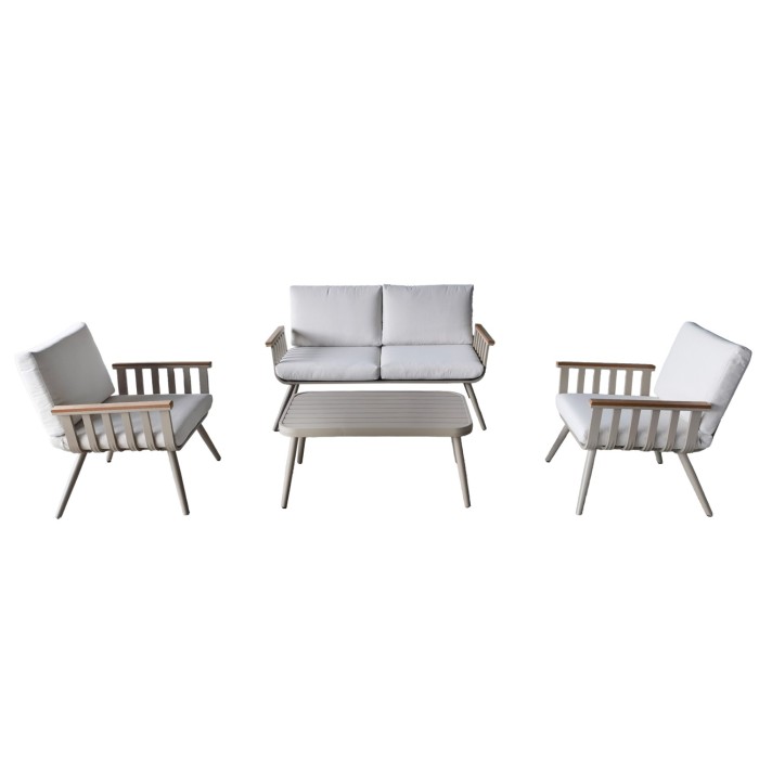 Salon de jardin LUMERA 4 places en aluminium avec canapé 2 places, fauteuils et table basse beige