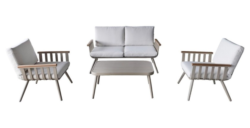 Salon de jardin LUMERA 4 places en aluminium avec canapé 2 places, fauteuils et table basse beige