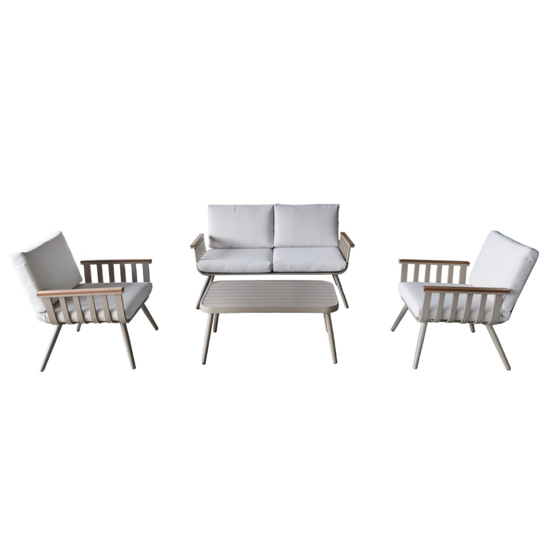 Salon de jardin LUMERA 4 places en aluminium avec canapé 2 places, fauteuils et table basse beige