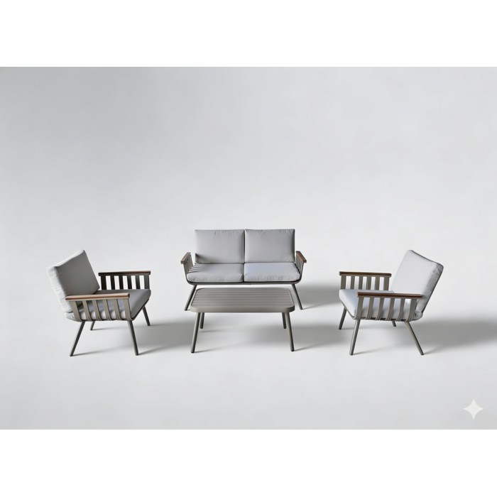 Salon de jardin LUMERA 4 places en aluminium avec canapé 2 places, fauteuils et table basse beige