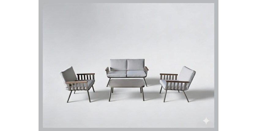 Salon de jardin LUMERA 4 places en aluminium avec canapé 2 places, fauteuils et table basse beige