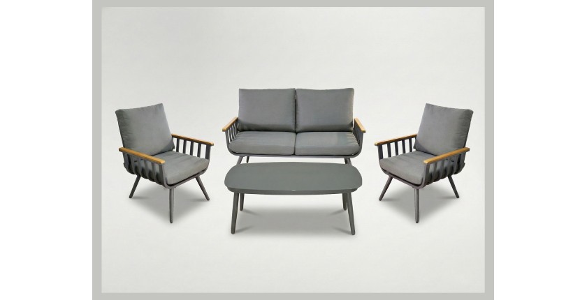 Salon de jardin SIERRA 4 places en aluminium gris avec canapé 2 places, fauteuils et table basse