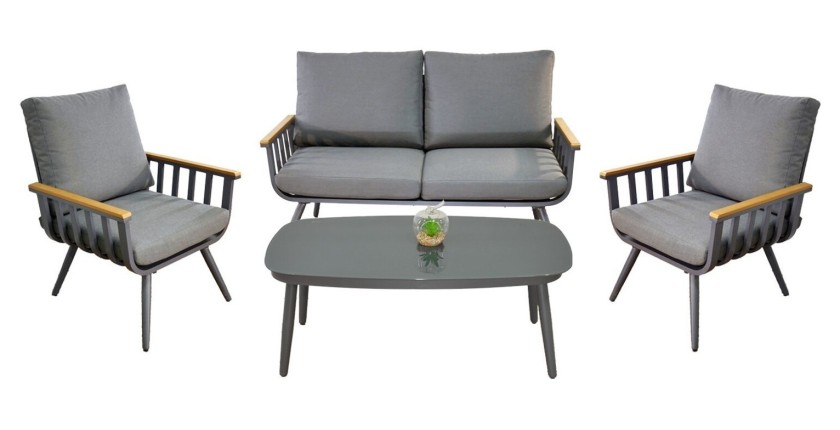 Salon de jardin SIERRA 4 places en aluminium gris avec canapé 2 places, fauteuils et table basse