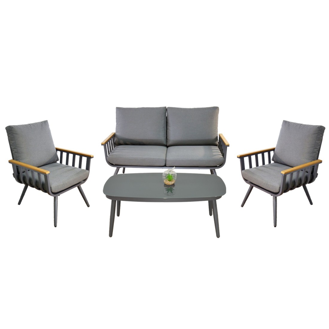 Salon de jardin SIERRA 4 places en aluminium gris avec canapé 2 places, fauteuils et table basse