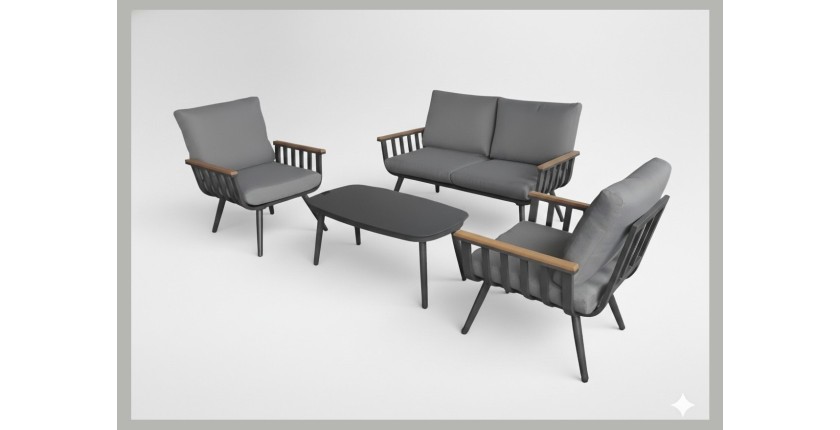 Salon de jardin SIERRA 4 places en aluminium gris avec canapé 2 places, fauteuils et table basse