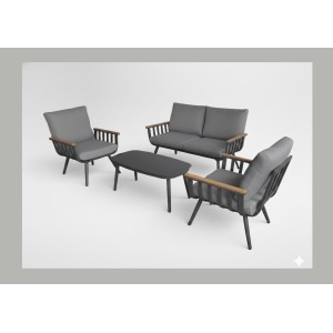 Salon de jardin SIERRA 4 places en aluminium gris avec canapé 2 places, fauteuils et table basse