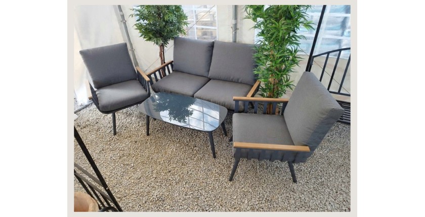 Salon de jardin SIERRA 4 places en aluminium gris avec canapé 2 places, fauteuils et table basse