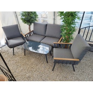 Salon de jardin SIERRA 4 places en aluminium gris avec canapé 2 places, fauteuils et table basse
