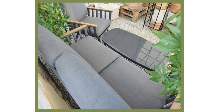Salon de jardin SIERRA 4 places en aluminium gris avec canapé 2 places, fauteuils et table basse