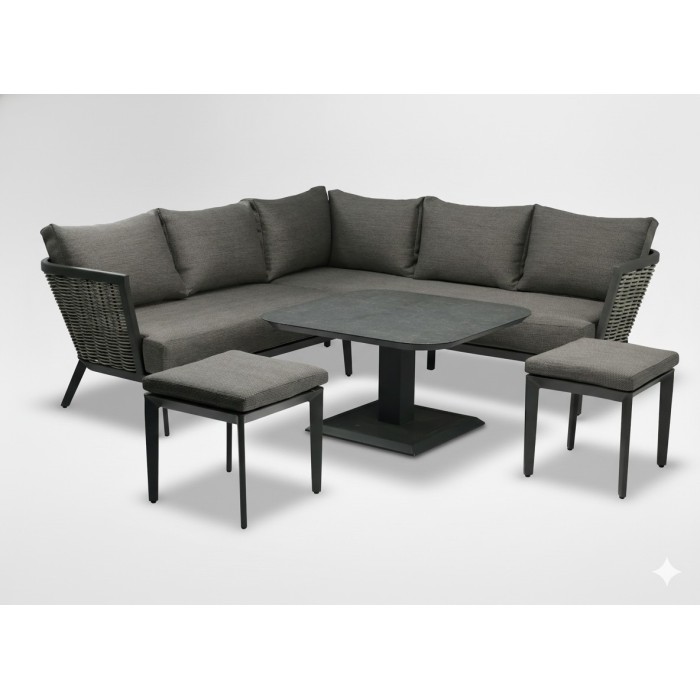 Salon de jardin VENTARO 7 places en aluminium gris avec canapé d’angle, table réglable et poufs