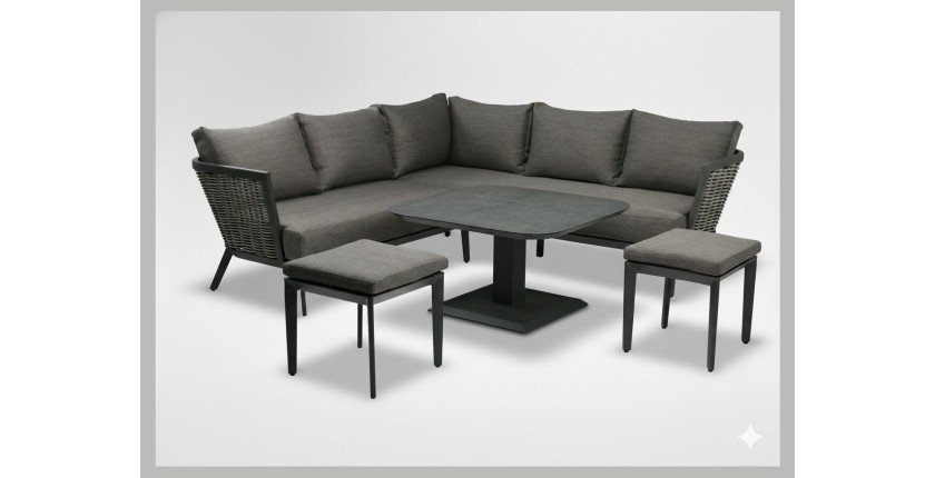 Salon de jardin VENTARO 7 places en aluminium gris avec canapé d’angle, table réglable et poufs