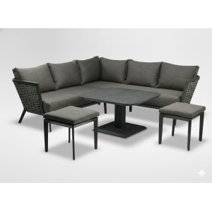 Salon de jardin VENTARO 7 places en aluminium gris avec canapé d’angle, table réglable et poufs
