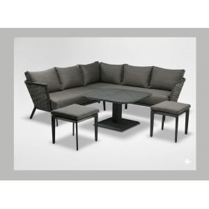 Salon de jardin VENTARO 7 places en aluminium gris avec canapé d’angle, table réglable et poufs