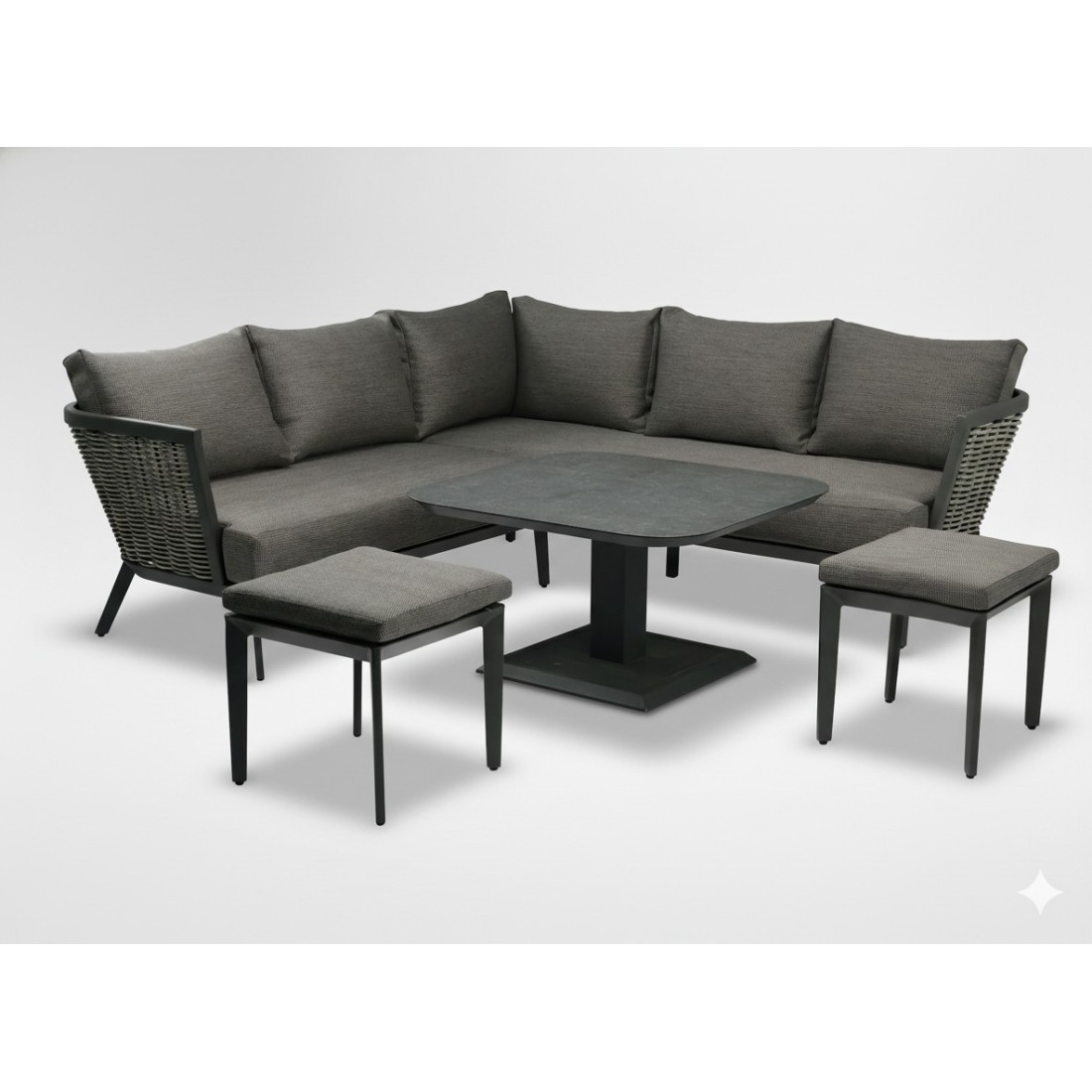 Salon de jardin VENTARO 7 places en aluminium gris avec canapé d’angle, table réglable et poufs