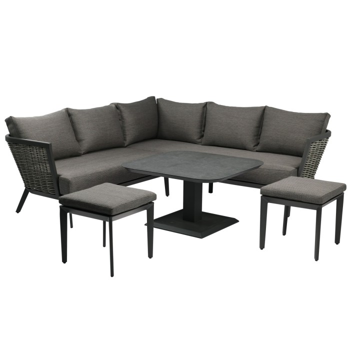 Salon de jardin VENTARO 7 places en aluminium gris avec canapé d’angle, table réglable et poufs