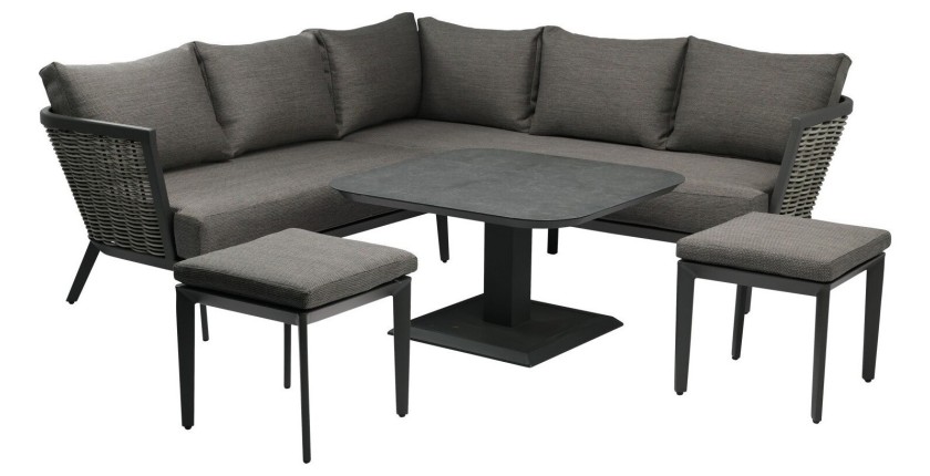 Salon de jardin VENTARO 7 places en aluminium gris avec canapé d’angle, table réglable et poufs