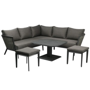 Salon de jardin VENTARO 7 places en aluminium gris avec canapé d’angle, table réglable et poufs