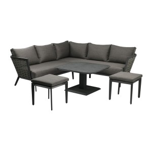 Salon de jardin VENTARO 7 places en aluminium gris avec canapé d’angle, table réglable et poufs