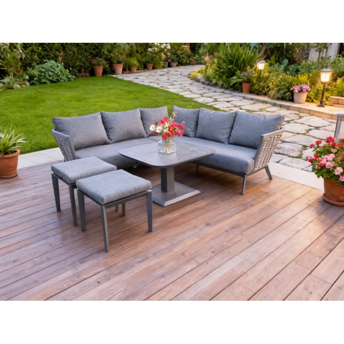 Salon de jardin VENTARO 7 places en aluminium gris avec canapé d’angle, table réglable et poufs