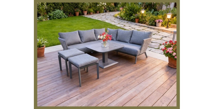 Salon de jardin VENTARO 7 places en aluminium gris avec canapé d’angle, table réglable et poufs