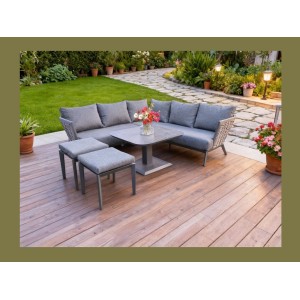 Salon de jardin VENTARO 7 places en aluminium gris avec canapé d’angle, table réglable et poufs