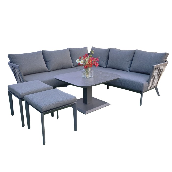 Salon de jardin VENTARO 7 places en aluminium gris avec canapé d’angle, table réglable et poufs