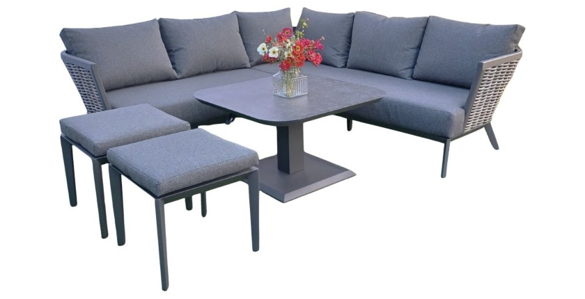 Salon de jardin VENTARO 7 places en aluminium gris avec canapé d’angle, table réglable et poufs