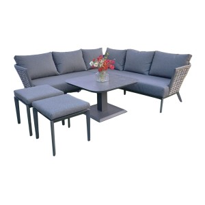 Salon de jardin VENTARO 7 places en aluminium gris avec canapé d’angle, table réglable et poufs