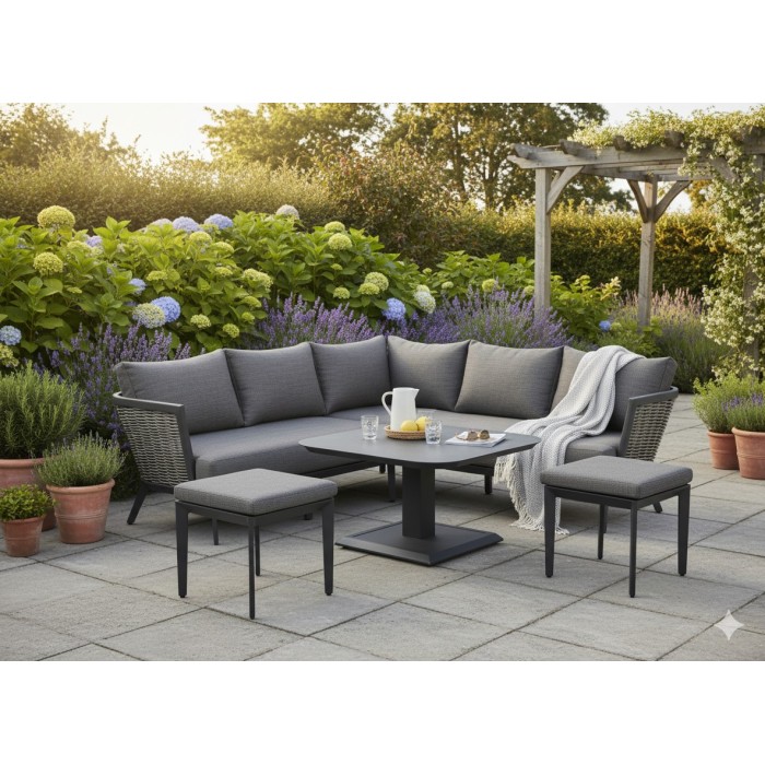Salon de jardin VENTARO 7 places en aluminium gris avec canapé d’angle, table réglable et poufs