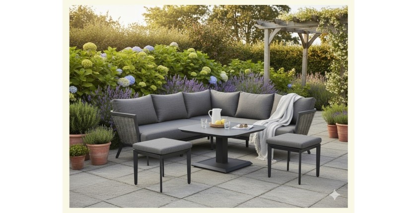 Salon de jardin VENTARO 7 places en aluminium gris avec canapé d’angle, table réglable et poufs