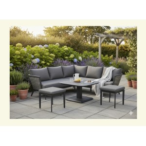 Salon de jardin VENTARO 7 places en aluminium gris avec canapé d’angle, table réglable et poufs