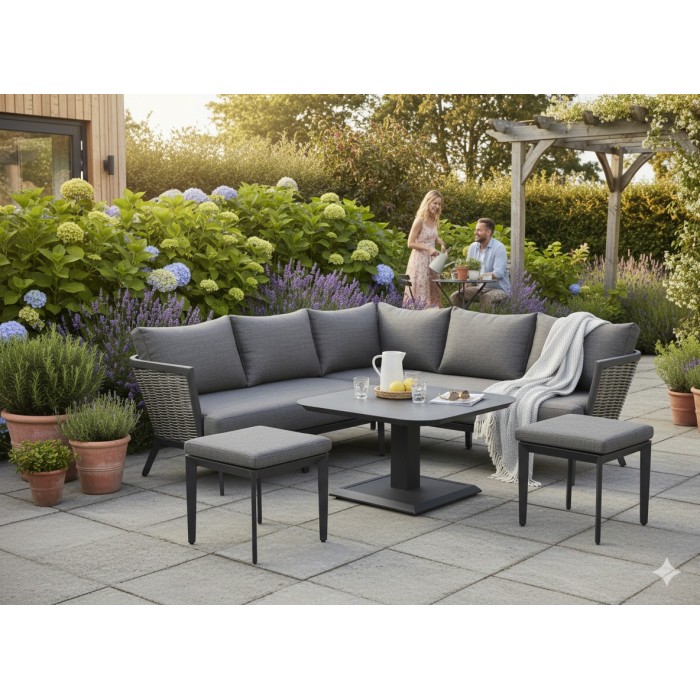 Salon de jardin VENTARO 7 places en aluminium gris avec canapé d’angle, table réglable et poufs