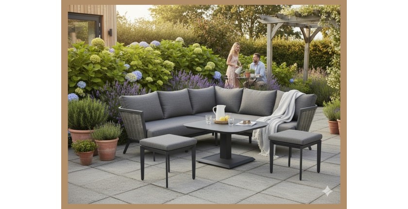 Salon de jardin VENTARO 7 places en aluminium gris avec canapé d’angle, table réglable et poufs