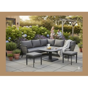 Salon de jardin VENTARO 7 places en aluminium gris avec canapé d’angle, table réglable et poufs