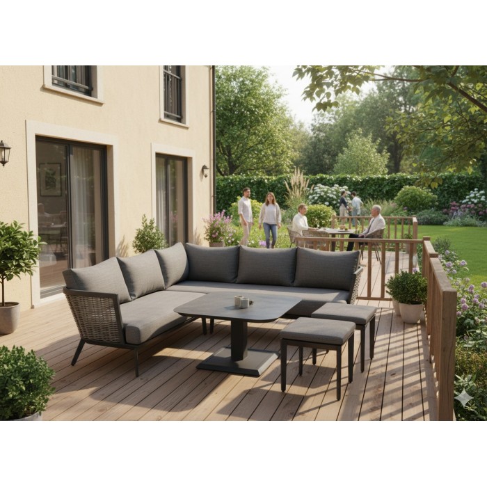 Salon de jardin VENTARO 7 places en aluminium gris avec canapé d’angle, table réglable et poufs