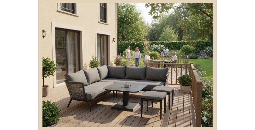 Salon de jardin VENTARO 7 places en aluminium gris avec canapé d’angle, table réglable et poufs