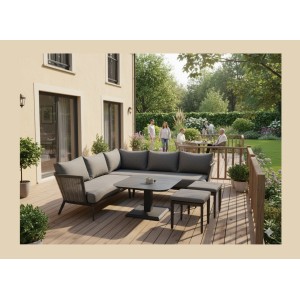 Salon de jardin VENTARO 7 places en aluminium gris avec canapé d’angle, table réglable et poufs