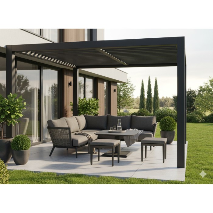 Salon de jardin VENTARO 7 places en aluminium gris avec canapé d’angle, table réglable et poufs