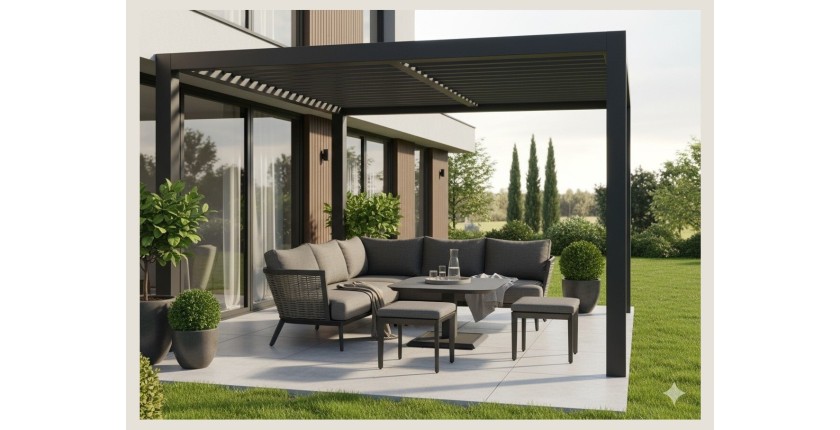 Salon de jardin VENTARO 7 places en aluminium gris avec canapé d’angle, table réglable et poufs