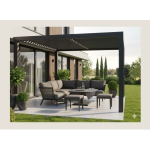 Salon de jardin VENTARO 7 places en aluminium gris avec canapé d’angle, table réglable et poufs