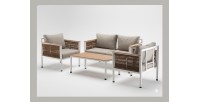 Salon de jardin CALYPSO 4 places aluminium blanc et bois – canapé, 2 fauteuils et table basse