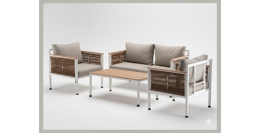 Salon de jardin CALYPSO 4 places aluminium blanc et bois – canapé, 2 fauteuils et table basse