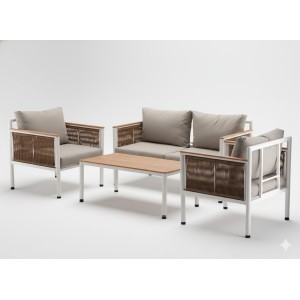 Salon de jardin CALYPSO 4 places aluminium blanc et bois – canapé, 2 fauteuils et table basse