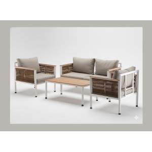 Salon de jardin CALYPSO 4 places aluminium blanc et bois – canapé, 2 fauteuils et table basse