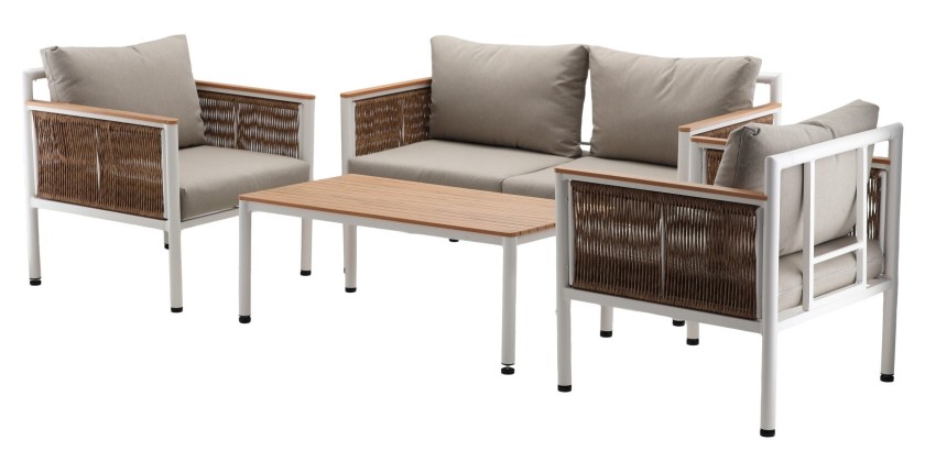 Salon de jardin CALYPSO 4 places aluminium blanc et bois – canapé, 2 fauteuils et table basse