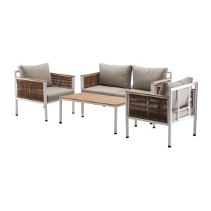 Salon de jardin CALYPSO 4 places aluminium blanc et bois – canapé, 2 fauteuils et table basse