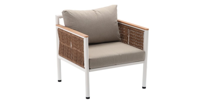 Salon de jardin CALYPSO 4 places aluminium blanc et bois – canapé, 2 fauteuils et table basse